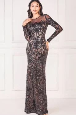 Floral Sequin Mesh Maxi - Black by Goddiva
