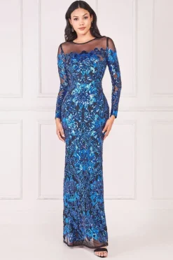Floral Sequin Mesh Maxi - Navy by Goddiva