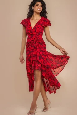 Floral Wrap High And Low Midaxi Dress - Red by Goddiva