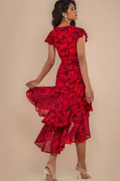 Floral Wrap High And Low Midaxi Dress - Red by Goddiva