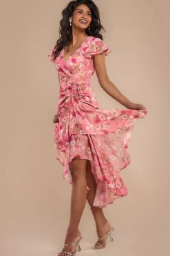 Floral Wrap High And Low Midaxi Dress - Pink by Goddiva