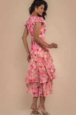 Floral Wrap High And Low Midaxi Dress - Pink by Goddiva