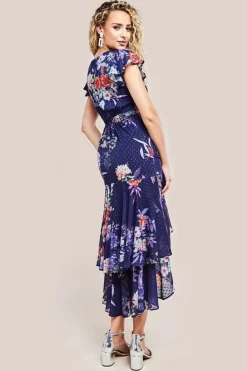 Floral Wrap High And Low Midaxi Dress - Navy by Goddiva