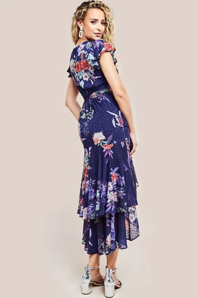 Floral Wrap High And Low Midaxi Dress - Navy by Goddiva
