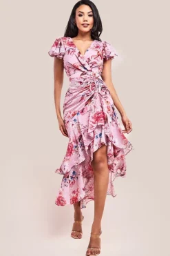 Floral Wrap High And Low Midaxi Dress - Blush Pink by Goddiva