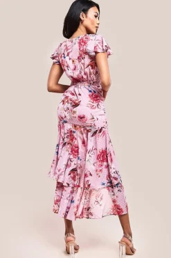 Floral Wrap High And Low Midaxi Dress - Blush Pink by Goddiva