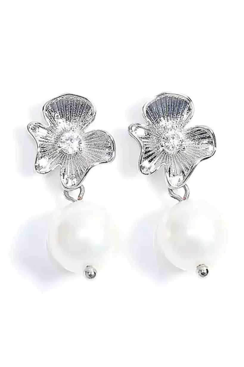 Flower Drop Pearl Earrings In Silver by SVNX
