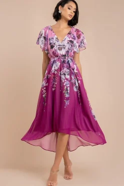Flutter Sleeve A-Line Chiffon Floral Printed Midi Dress - Magenta by Goddiva