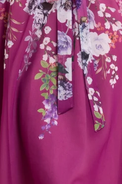 Flutter Sleeve A-Line Chiffon Floral Printed Midi Dress - Magenta by Goddiva