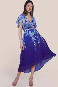 Flutter Sleeve A-Line Chiffon Floral Printed Midi Dress - Royal Blue by Goddiva