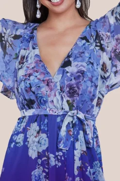Flutter Sleeve A-Line Chiffon Floral Printed Midi Dress - Royal Blue by Goddiva