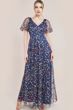 Flutter Sleeve Floral Embroidered Maxi - Navy by Goddiva
