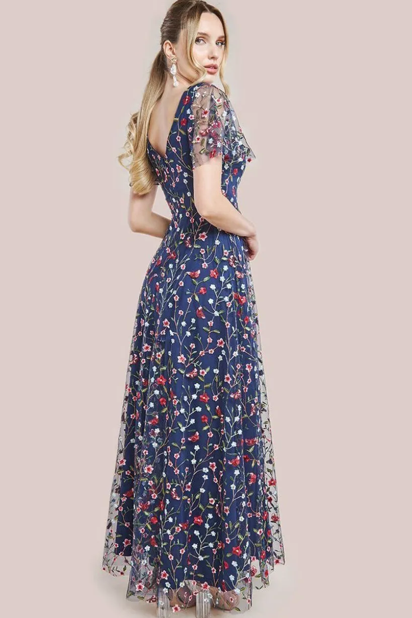 Flutter Sleeve Floral Embroidered Maxi - Navy by Goddiva