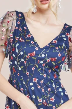 Flutter Sleeve Floral Embroidered Maxi - Navy by Goddiva