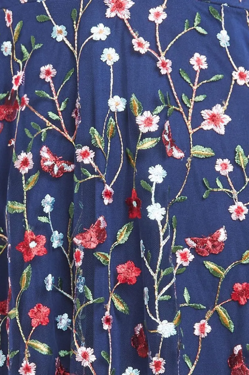 Flutter Sleeve Floral Embroidered Maxi - Navy by Goddiva