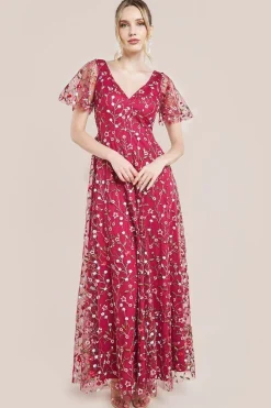 Flutter Sleeve Floral Embroidered Maxi - Burgundy by Goddiva