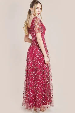 Flutter Sleeve Floral Embroidered Maxi - Burgundy by Goddiva