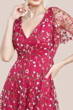 Flutter Sleeve Floral Embroidered Maxi - Burgundy by Goddiva