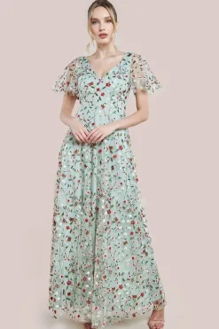 Flutter Sleeve Floral Embroidered Maxi - Sage Green by Goddiva