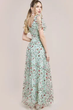 Flutter Sleeve Floral Embroidered Maxi - Sage Green by Goddiva