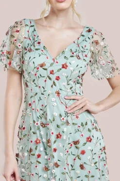 Flutter Sleeve Floral Embroidered Maxi - Sage Green by Goddiva