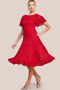 Flutter Sleeve Lace A-Line Midi Dress - Red by Goddiva