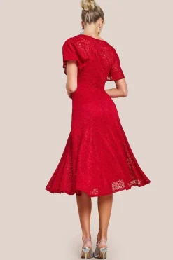 Flutter Sleeve Lace A-Line Midi Dress - Red by Goddiva