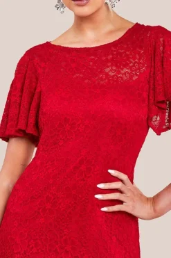 Flutter Sleeve Lace A-Line Midi Dress - Red by Goddiva
