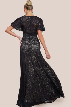 Flutter Sleeve Lace A-Line Maxi Dress - Black by Goddiva