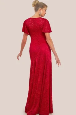 Flutter Sleeve Lace A-Line Maxi Dress - Red by Goddiva