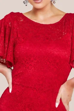 Flutter Sleeve Lace A-Line Maxi Dress - Red by Goddiva