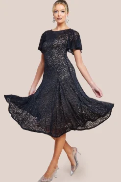 Flutter Sleeve Lace A-Line Midi Dress - Black by Goddiva