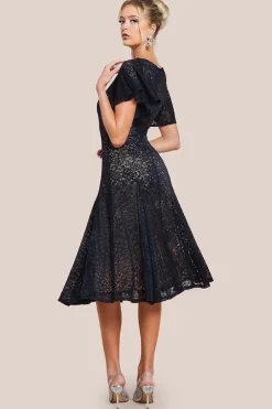 Flutter Sleeve Lace A-Line Midi Dress - Black by Goddiva