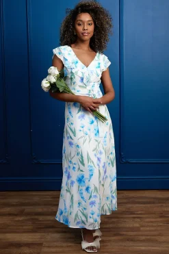 Flutter Sleeve Maxi Dress With Tie Belt In White Blue Floral by Angeleye
