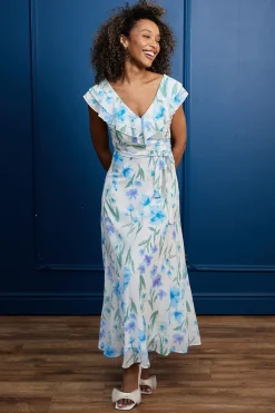 Flutter Sleeve Maxi Dress With Tie Belt In White Blue Floral by Angeleye