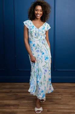 Flutter Sleeve Maxi Dress With Tie Belt In White Blue Floral by Angeleye
