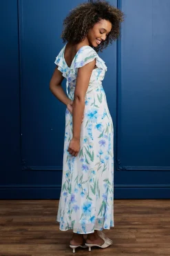 Flutter Sleeve Maxi Dress With Tie Belt In White Blue Floral by Angeleye