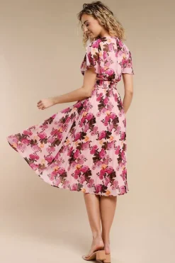 Flutter Sleeve Pleated Skirt Floral Midi Dress - Pink by Goddiva