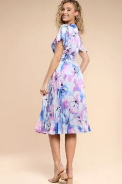 Flutter Sleeve Pleated Skirt Floral Midi Dress - Blue by Goddiva