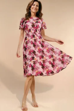 Flutter Sleeve Pleated Skirt Floral Midi Dress - Pink by Goddiva