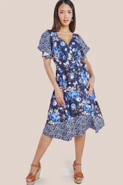 Flutter Sleeve Printed Midi Dress - Navy Print by Goddiva
