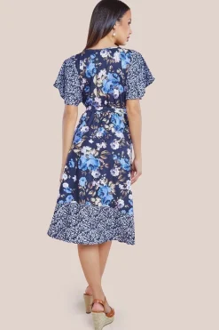 Flutter Sleeve Printed Midi Dress - Navy Print by Goddiva
