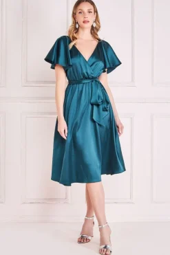 Flutter Sleeve With Elastic Midi Dress - Emerald Green by Goddiva