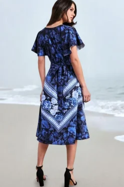 Flutter Sleeve Wrap Style Midi Dress - Navy by Goddiva