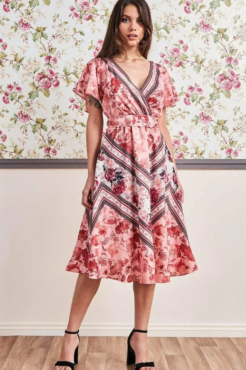 Flutter Sleeve Wrap Style Midi Dress - Peach by Goddiva