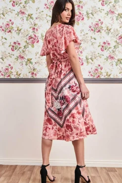 Flutter Sleeve Wrap Style Midi Dress - Peach by Goddiva