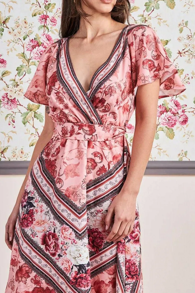 Flutter Sleeve Wrap Style Midi Dress - Peach by Goddiva