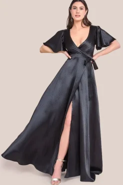 Flutter Sleeve Wrapover Satin Maxi Dress - Black by Goddiva