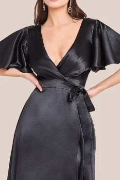 Flutter Sleeve Wrapover Satin Maxi Dress - Black by Goddiva
