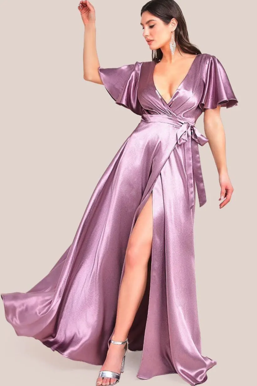 Flutter Sleeve Wrapover Satin Maxi Dress - Rose Pink by Goddiva